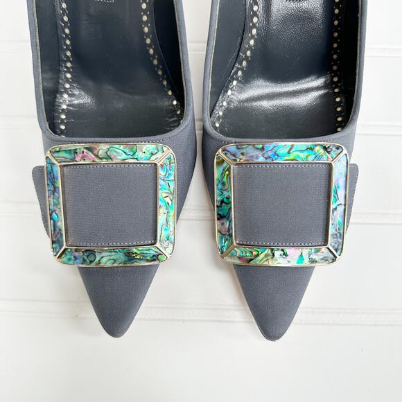 Manolo Blahnik Maysale Buckle Enamel Pump Crepe de Chine Silk Grey Heel - Picture 3 of 11